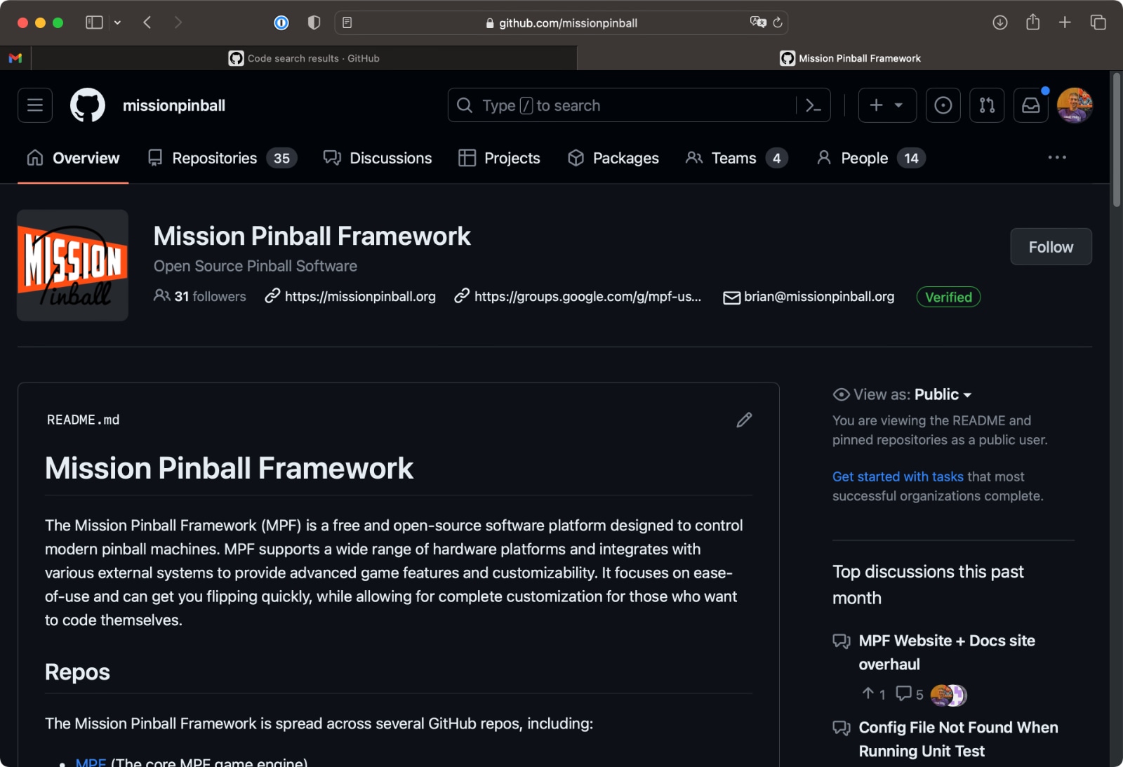 Mission Pinball homepage on GitHub.com